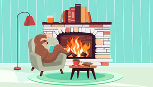 Jerry the Sloth sits by the fireplace with one of his favorite books for personal growth.