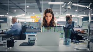 A young woman looks at a laptop with several charts, illustrating the future of client onboarding.